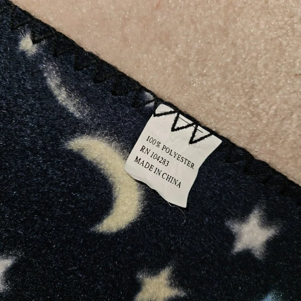 Blue White Yellow Moon Stars Fleece Blanket / Window Cover Drape 50x57 READ